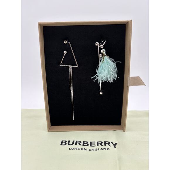 Burberry Ladies Asymmetrical Ostrich Feather and Chain Drop Earrings - Picture 1 of 3